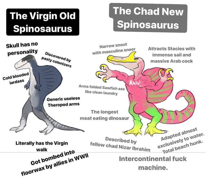 The Virgin Old Spinosaurus Skull has no personality Discovered by pasty colonizers The Chad New Spinosaurus Narrow snout with masculine sneer Attracts Stacies with immense sail and massive Arab c--- Cold blooded lardass Akh Arms folded Sawfish ass like clean laundry Generic useless Theropod arms The longest meat eating dinosaur Literally has the Virgin walk Got bombed into floorwax by allies in WWII Described by fellow chad Nizar Ibrahim Adapted almost exclusively to water. Total beach hunk. Intercontinental f--- machine.