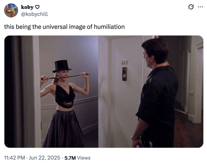 koby ♡ @kobychill this being the universal image of humiliation B 11:42 PM • Jun 22, 2025 5.7M Views 34 F
