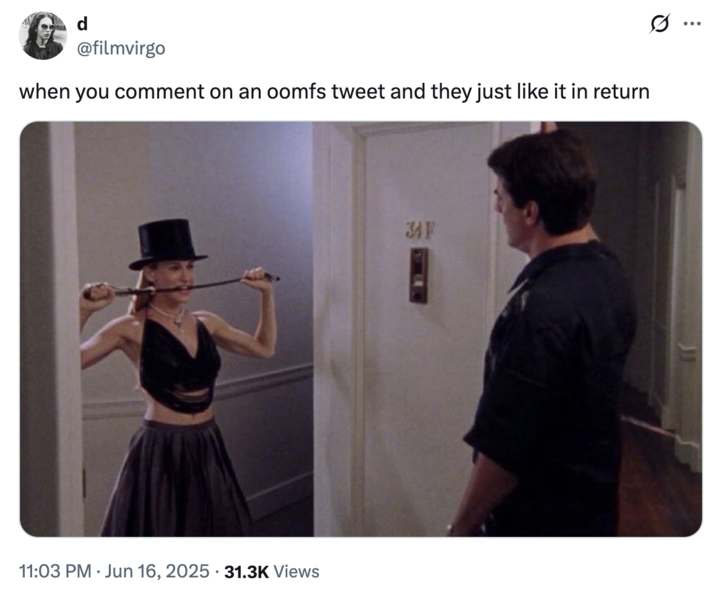 d @filmvirgo when you comment on an oomfs tweet and they just like it in return B 34 F 11:03 PM Jun 16, 2025 31.3K Views