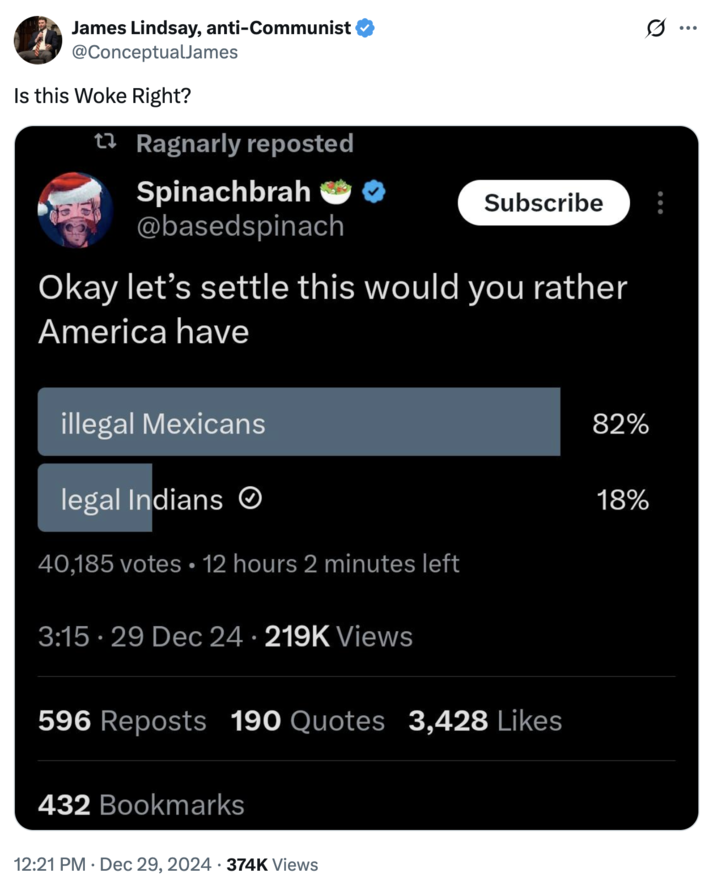 A "tweet":https://knowyourmeme.com/memes/sites/twitter-x asking, "Is this Woke Right?" concerning a poll about illegal Mexicans vs. legal Indians becoming American citizens.