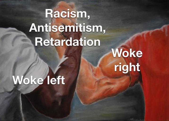 An "Epic Handshake":https://knowyourmeme.com/memes/epic-handshake meme about the Woke Left and Woke Right uniting on racism, anti-Semitism and retardation.