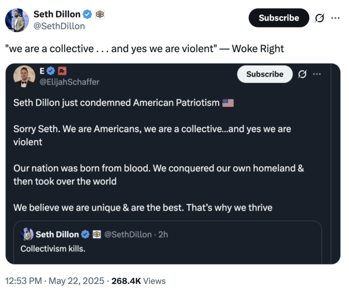 A "tweet":https://knowyourmeme.com/memes/sites/twitter-x from the "Babylon Bee":https://knowyourmeme.com/memes/sites/the-babylon-bee editor Seth Dillon about the Woke Right and collectivism.