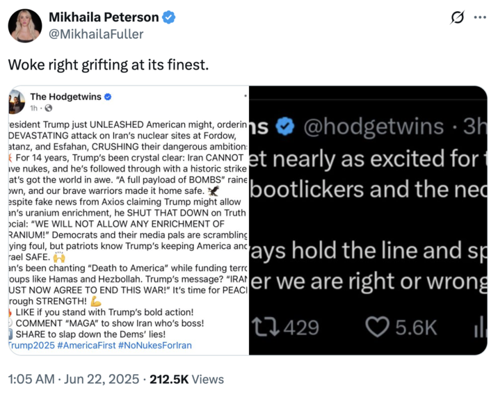 A "tweet":https://knowyourmeme.com/memes/sites/twitter-x from "Jordan Peterson's":https://knowyourmeme.com/sensitive/memes/people/jordan-peterson daughter, Mikhaila Peterson, about the Hodge Twins doing "woke right grifting."