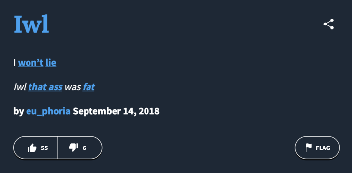 September 14th, 2018 Urban Dictionary Post Urban Dictionary user @eu_phoria posted a definition for "IWL" in September 2018, writing, "I won't lie" and using it in the sentence, "Iwl that ass was fat."