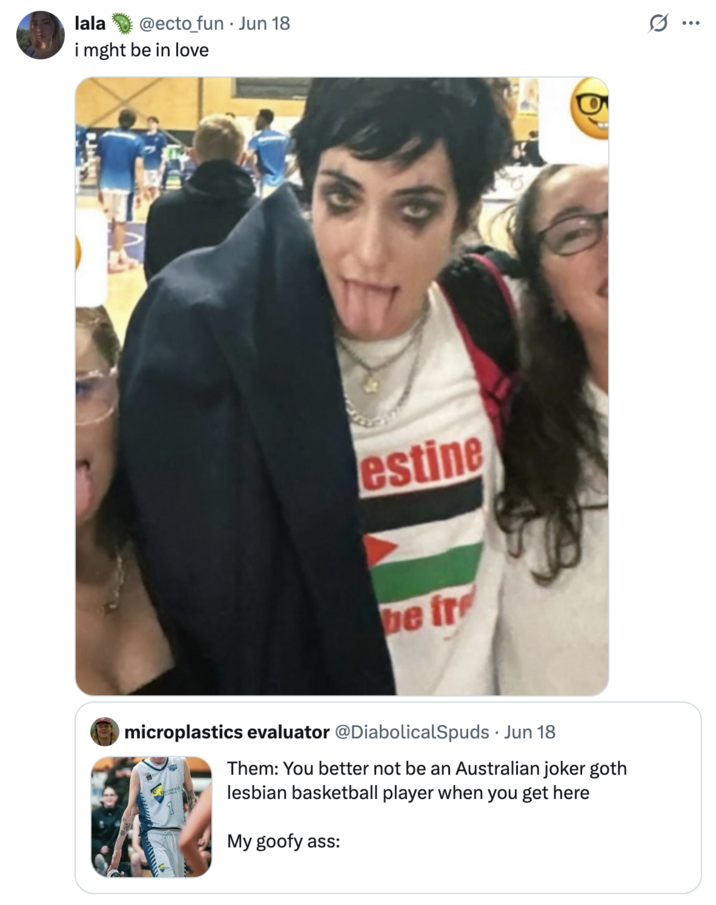 June 18th, 2025 tweet by @ecto_fun X user @ecto_fun tweeted a photo of Caitlin Cunningham, also referred to as the "joker goth lesbian basketball player," writing, "i mght be in love," and gathering over 25,000 likes in a week.
