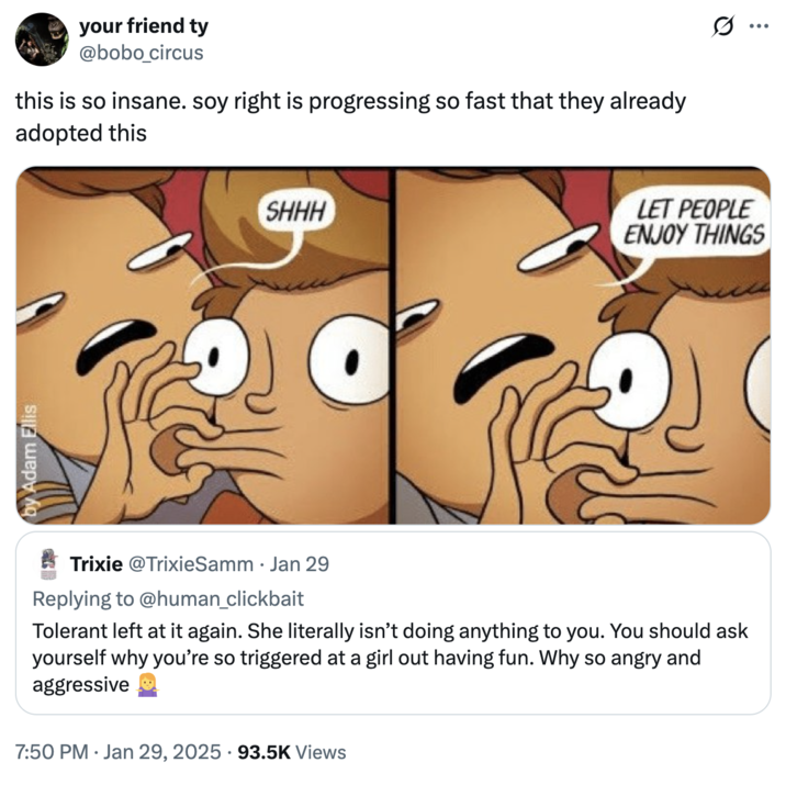this is so insane. soy right is progressing so fast that they already adopted this A "tweet":https://knowyourmeme.com/memes/sites/twitter-x joking about the Soy Right using a "webcomic":https://knowyourmeme.com/memes/cultures/webcomics format.