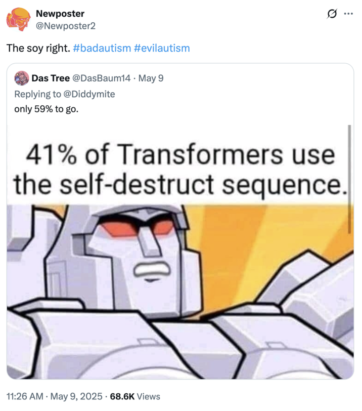 The soy right. #badautism #evilautism A "quote-tweet":https://knowyourmeme.com/memes/quote-retweets-qrts joking about the "Soy Right" having "Bad Autism" and "Evil Autism."