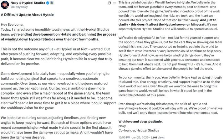 Hytale Cancellation Announcement Post The announcement that Hytale is canceled. The announcement was posted by CEO of Hypixel Studios.