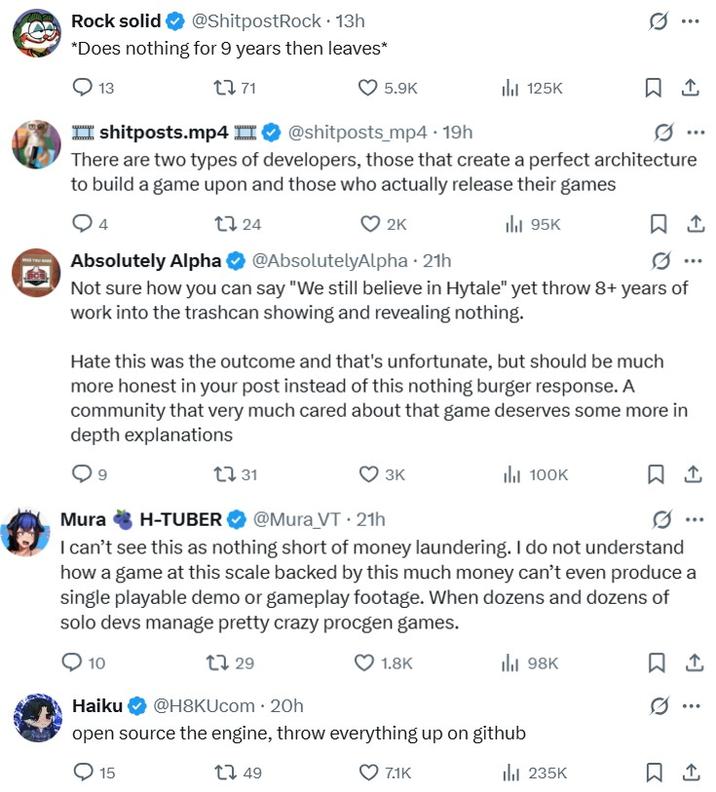 Compilation of Reactions to Hytale Cancellation Tweet A compilation of reactions to the news of Hytale's cancellation. Compiles in no particular order.