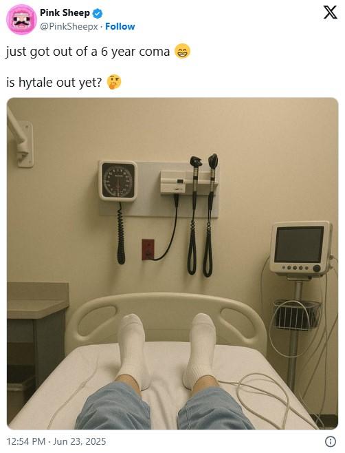 just got out of a 6 year coma 😁 is hytale out yet? 🤔 Pink Sheep @PinkSheepx Follow just got out of a 6 year coma is hytale out yet? X 12:54 PM - Jun 23, 2025