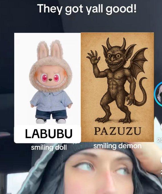 TikToker Nocorious comparing Labubu dolls to Pazuzu. The video was deleted.