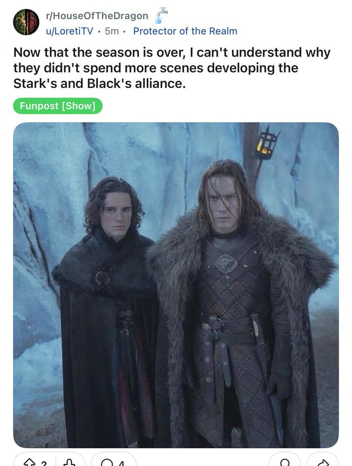 כן D r/HouseOfTheDragon u/LoretiTV 5m Protector of the Realm • Now that the season is over, I can't understand why they didn't spend more scenes developing the Stark's and Black's alliance. Funpost [Show]