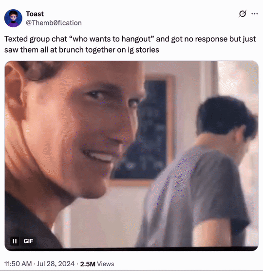 On July 28th, 2024, X user @Themb0flcation wrote, "Texted group chat “who wants to hangout” and got no response but just saw them all at brunch together on ig stories," gathering over 118,000 likes in a year.The tweet was posted alongside a GIF of Lena Dunham saying "Hi" to Patrick Wilson in an episode of the HBO show _Girls_.