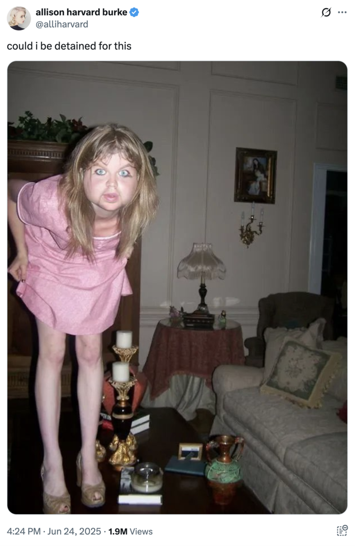A "tweet":https://knowyourmeme.com/memes/sites/twitter-x from "Allison Harvard":https://knowyourmeme.com/memes/people/creepy-chan-allison-harvard showing her Creepy Chan photo edited to be "J.D. Vance":https://knowyourmeme.com/memes/people/jd-vance.