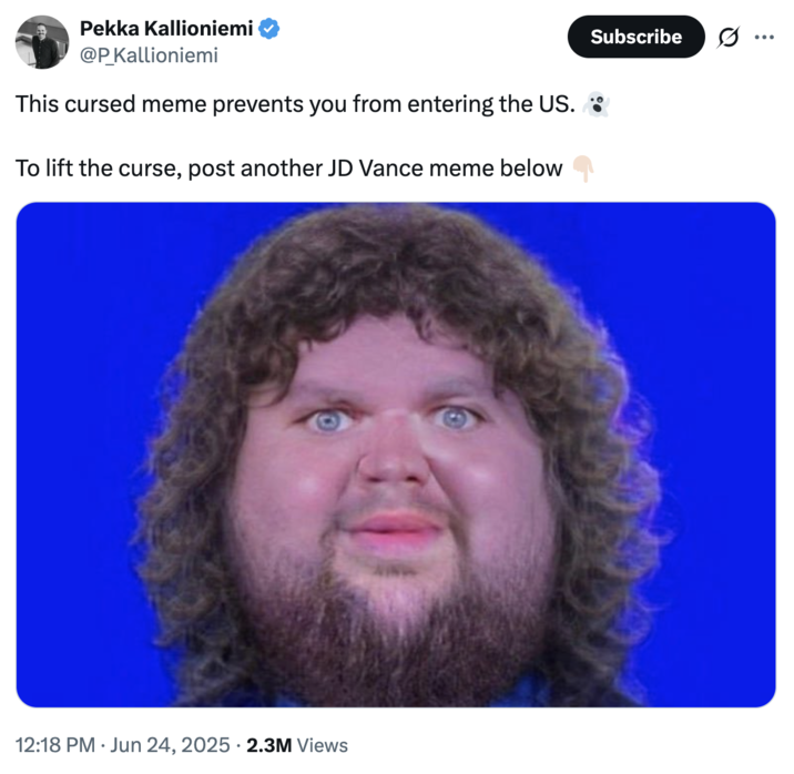 A "tweet":https://knowyourmeme.com/memes/sites/twitter-x joking about "This cursed meme prevents you from entering the US. 👻"