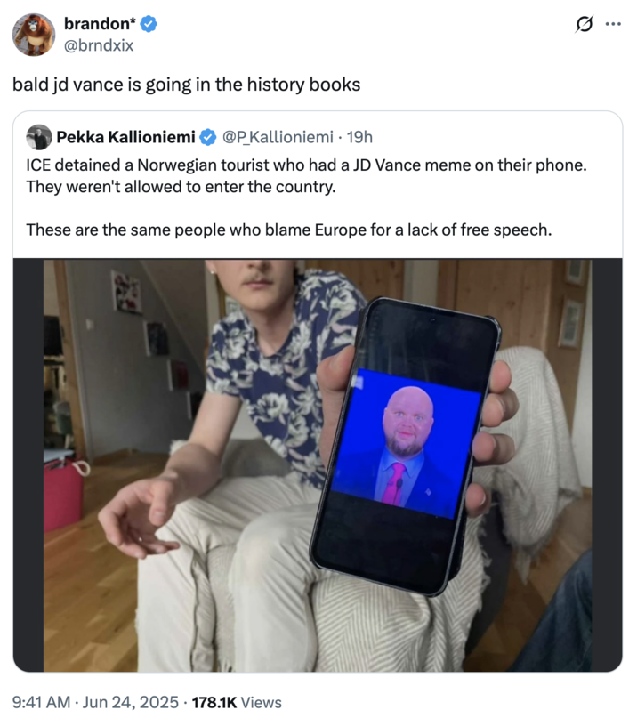 A "tweet":https://knowyourmeme.com/memes/sites/twitter-x proclaiming that "Bald "J.D. Vance":https://knowyourmeme.com/memes/people/jd-vance is going in the history books."