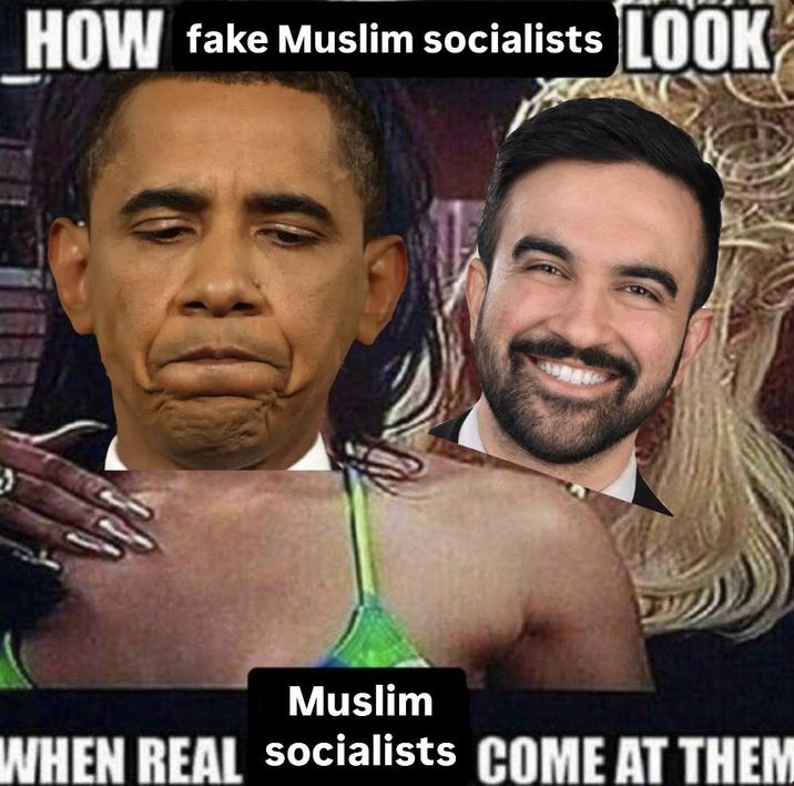 A Zohran Mamdani "meme":https://knowyourmeme.com/memes/memes using the "How Fake X Look When Real Y Come At Them":https://knowyourmeme.com/memes/how-fake-x-look-when-real-y-come-at-them "exploitable":https://knowyourmeme.com/memes/exploitables template, concerning Mamdani and "Barack Obama":https://knowyourmeme.com/memes/people/barack-obama.
