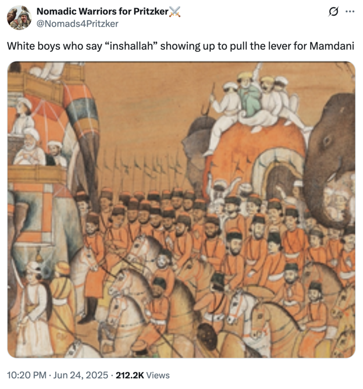 A "tweet":https://knowyourmeme.com/memes/sites/twitter-x joking about Zohran Mamdani and his "white boy" supporters. 
