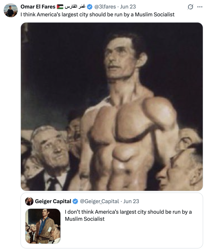 A "quote-tweet":https://knowyourmeme.com/memes/quote-retweets-qrts using Norman Rockwell's "_Freedom of Speech_":https://knowyourmeme.com/memes/freedom-of-speech-norman-rockwell-painting to discuss Zohran Mamdani.