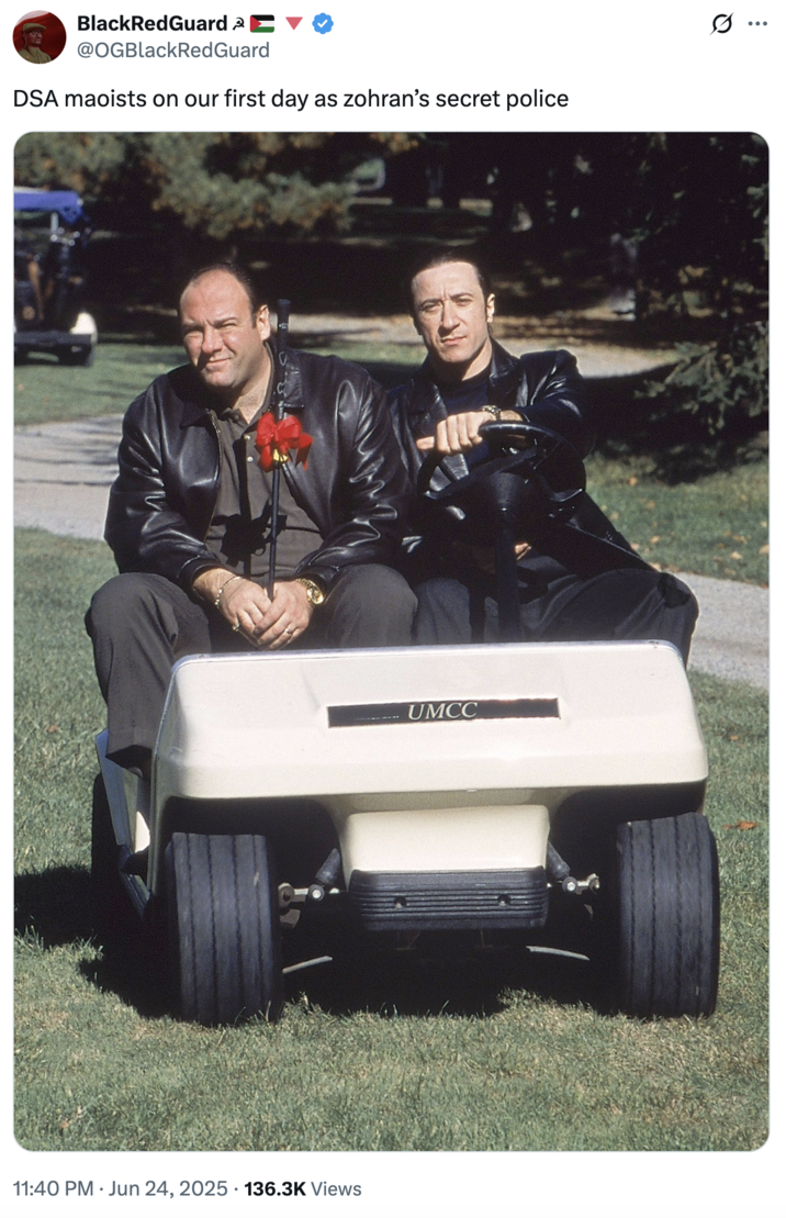 A "tweet":https://knowyourmeme.com/memes/sites/twitter-x joking about Zohran Mamdani, using an image from _The Sopranos_. 