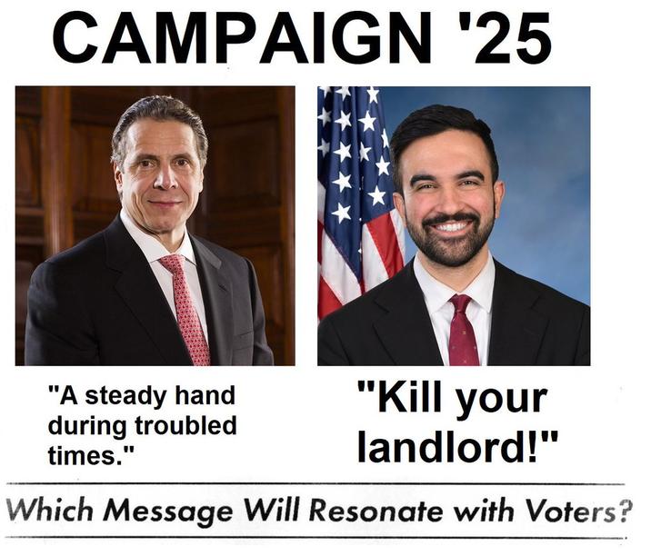 A "meme":https://knowyourmeme.com/memes/memes comparing the campaign messages of Andrew Cuomo and Zohran Mamdani for the 2025 NYC mayoral election. 