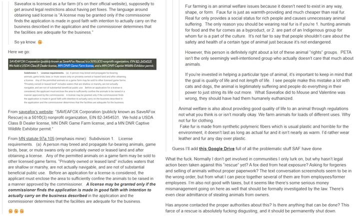 A portion of a Tumblr thread sharing criticism of Mikayla Raines and Save a Fox. The user shares a Google Drive attempting to expose her.