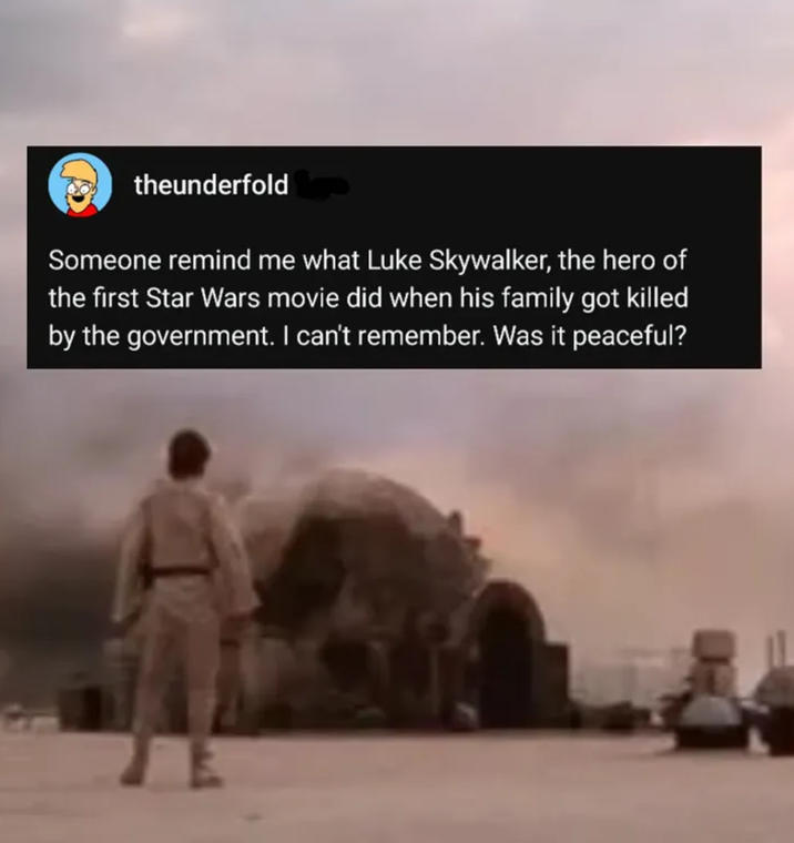 theunderfold Someone remind me what Luke Skywalker, the hero of the first Star Wars movie did when his family got killed by the government. I can't remember. Was it peaceful?