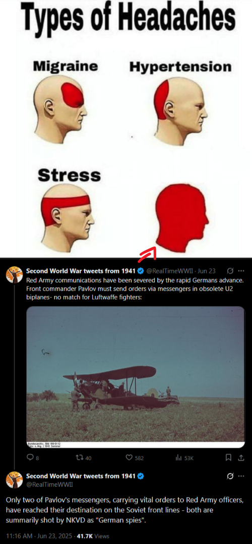 Types of Headaches Migraine Hypertension Stress Second World War tweets from 1941 @RealTimeWWII Jun 23 Red Army communications have been severed by the rapid Germans advance. Front commander Pavlov must send orders via messengers in obsolete U2 biplanes- no match for Luftwaffe fighters: 40 582 ill 53K 口 ↑ Second World War tweets from 1941 @RealTimeWWII Only two of Pavlov's messengers, carrying vital orders to Red Army officers, have reached their destination on the Soviet front lines - both are summarily shot by NKVD as "German spies". 11:16 AM - Jun 23, 2025 41.7K Views
