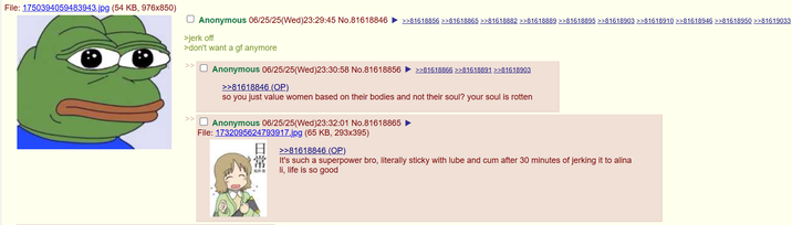 File: 1750394059483943.jpg (54 KB, 976x850) Anonymous 06/25/25(Wed)23:29:45 No.81618846 >j------- >don't want a gf anymore Anonymous 06/25/25(Wed)23:30:58 No.81618856 >>81618846 (OP) >>81618856 >>81618865 >>81618882 >>81618889 >>81618895 >>81618903 >>81618910 >>81618946 >>81618950 >>81619033 >>81618866 >>81618891 >>81618903 so you just value women based on their bodies and not their soul? your soul is rotten Anonymous 06/25/25(Wed)23:32:01 No.81618865 ► File: 1732095624793917.jpg (65 KB, 293x395) >>81618846 (OP) It's such a superpower bro, literally sticky with lube and c-- after 30 minutes of jerking it to alina li, life is so good