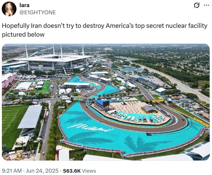 lara @E1GHTYONE ... Hopefully Iran doesn't try to destroy America's top secret nuclear facility pictured below 9:21 AM Jun 24, 2025 563.6K Views