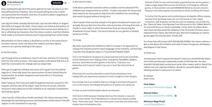 Pirate Software's Second Response To SKG Drama Pirate Software's second response to the SKG drama. In this one he reasserts his problems with the campaign.