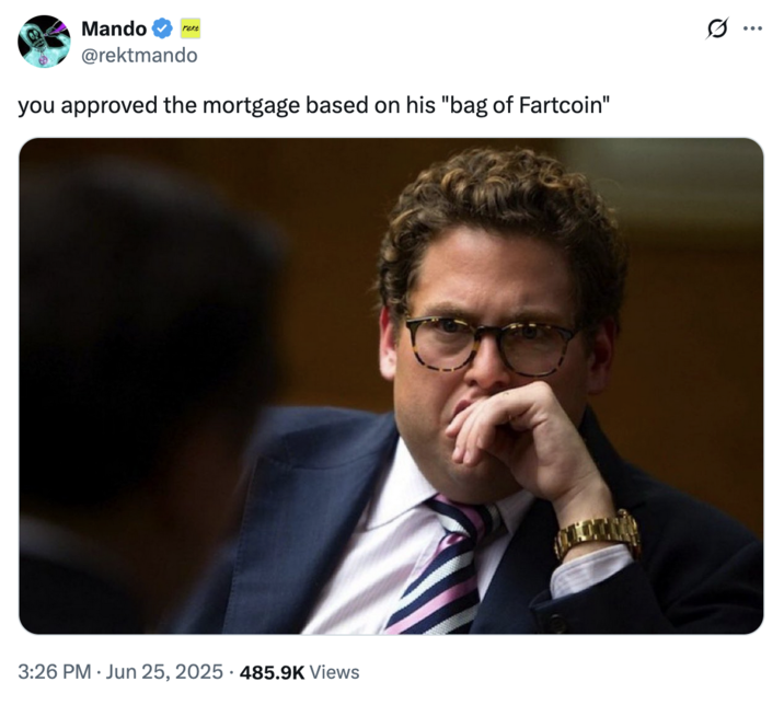 X user @rektmando tweeted, "you approved the mortgage based on his "bag of Fartcoin"" alongside a photo of Jonah Hill from "The Wolf of Wall Street," gathering over 10,000 likes in two days.