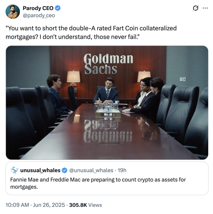 X user @parody_ceo posted a still from the film _The Big Short_ to sarcastically comment on cryptocurrency being considered as underwriting assets, jokingly asserting, "You want to short the double-A rated Fart Coin collateralized mortgages? I don't understand, those never fail."