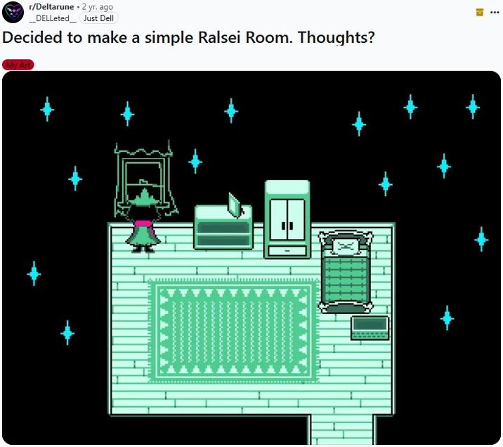 Decided to make a simple Ralsei Room. Thoughts? A Reddit post titled, "Decided to make a simple Ralsei Room. Thoughts?" The post shares art imagining Ralsei's room pre-reveal.