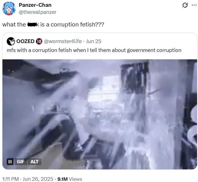 w-- is a corruption fetish A tweet asking what is a corruption fetish. The tweet is in response to a meme.