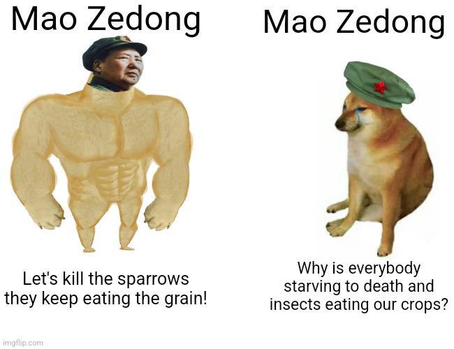 Mao Zedong Mao Zedong Let's kill the sparrows they keep eating the grain! Why is everybody starving to death and insects eating our crops? imgflip.com