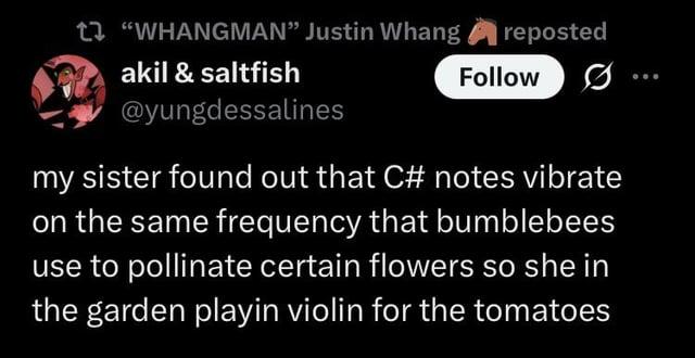 t "WHANGMAN" Justin Whang akil & saltfish @yungdessalines reposted Follow ... my sister found out that C# notes vibrate on the same frequency that bumblebees use to pollinate certain flowers so she in the garden playin violin for the tomatoes