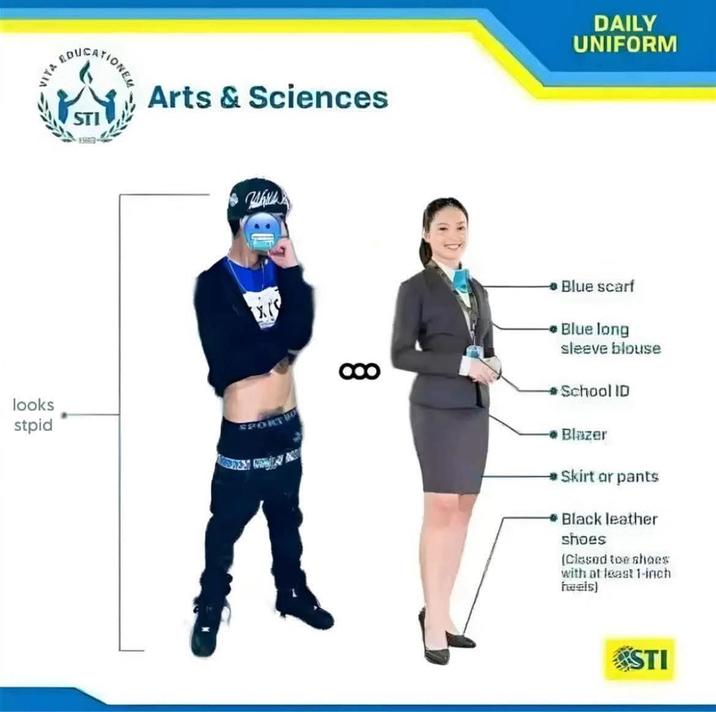 VITAA EDUCATIONEL STI Arts & Sciences DAILY UNIFORM looks stpid SPORT 000 Blue scarf Blue long sleeve blouse School ID Blazer Skirt ar pants Black leather shoes (Closed toe shoes with at least 1-inch heels) STI