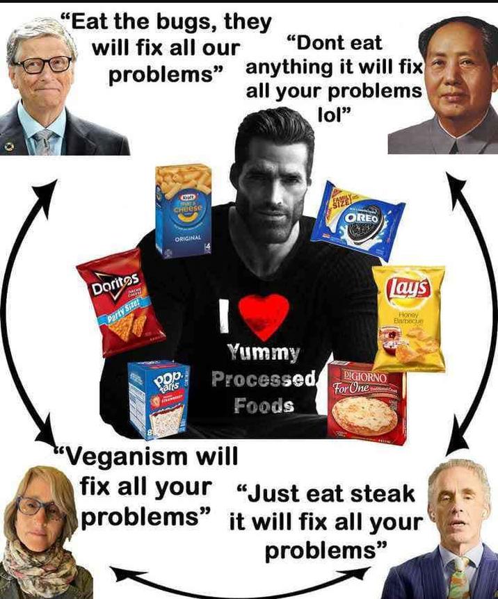 "Eat the bugs, they will fix all our problems" "Dont eat anything it will fix all your problems lol" Doritos Party Size! Kraft CHUese ORIGINAL SIZE OREO Lays Honey Elarbecue Pop tarts Yummy Processed DIGIORNO For One "Veganism will Foods fix all your "Just eat steak problems" it will fix all your problems"