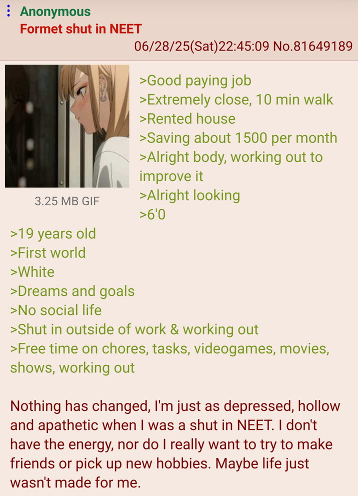 : Anonymous Formet shut in NEET 06/28/25(Sat)22:45:09 No.81649189 >Good paying job >Extremely close, 10 min walk >Rented house >Saving about 1500 per month >Alright body, working out to improve it >Alright looking 3.25 MB GIF >6'0 >19 years old >First world >White >Dreams and goals >No social life >Shut in outside of work & working out >Free time on chores, tasks, videogames, movies, shows, working out Nothing has changed, I'm just as depressed, hollow and apathetic when I was a shut in NEET. I don't have the energy, nor do I really want to try to make friends or pick up new hobbies. Maybe life just wasn't made for me.