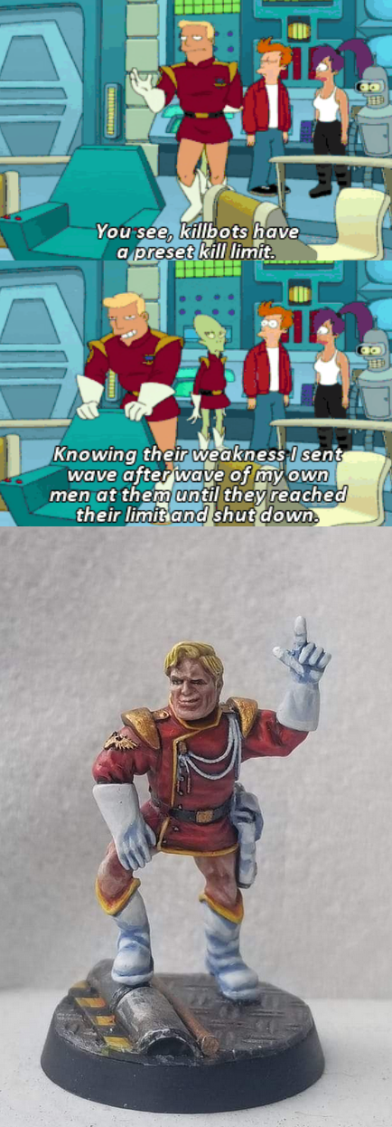 You see, killbots have a preset kill limit. Knowing their weakness I sent wave after wave of my own men at them until they reached their limit and shut down.