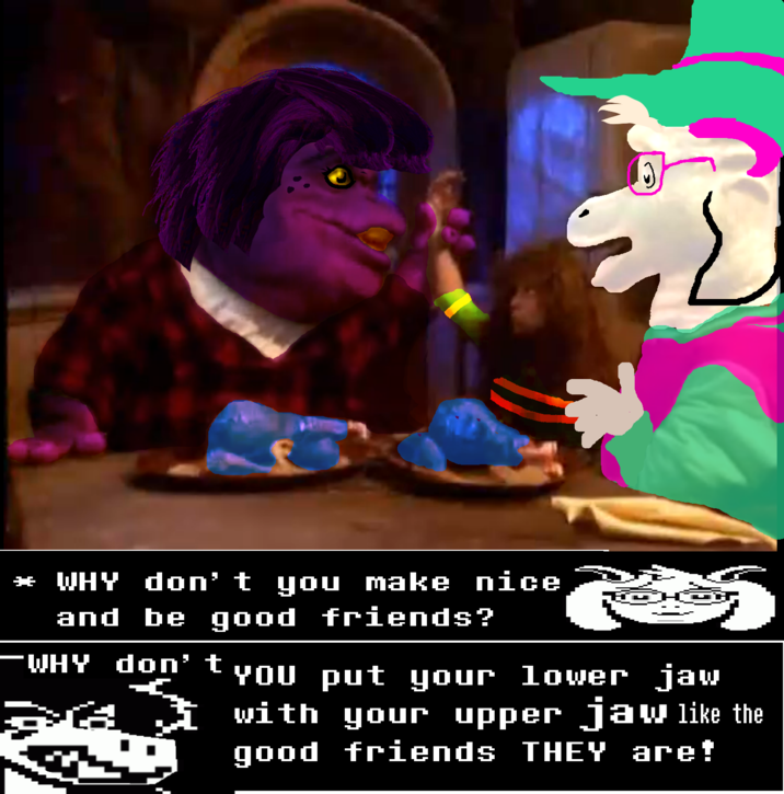 IN THIS SCENE:
Pearl Sinclair IS Susie/
Hannah Cutrona IS Kris/
Jason Willinger IS Ralsei Murderer/
SUSIE'S bad self is making everyone in Dark World SAD, and KRIS is there too. Luckily, young Prince RALSEI will not cry over spoilt pipis, and knows how to communicate with the patience of a schoolmarm to the surly chalk-eater bully and her small buddy. His Majesty's ministry does not take, for Susie is used to living with less than little and Will. Not. Have This,, but Don't Give Up!!! Before long, all three will be holding hands and gladly facing the future in the Family Film of SUMMER 2042/ 
okay that's all for now see ya later bybye
