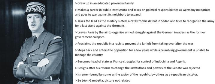 > Grew up in an educated provincial family > Makes a career in public institutions and takes on political responsibilities as Germany militarizes and goes to war against its neighbors to expand. > Takes the lead as the military suffers a catastrophic defeat in Sedan and tries to reorganize the army for a last stand against the Germans. > Leaves Paris by the air to organize armed struggle against the German invaders as the former government colapses > Proclaims the republic in a rush to prevent the far left from taking over after the war > Steps back and enters the opposition for a few years while a crumbling government is unable to manage the country. > Becomes head of state as France struggles for control of Indochina and Algeria. > Resigns after his reform to change the institutions and powers of the Senate was rejected > Is remembered by some as the savior of the republic, by others as a republican dictator. > Be Léon Gambetta, picture not related