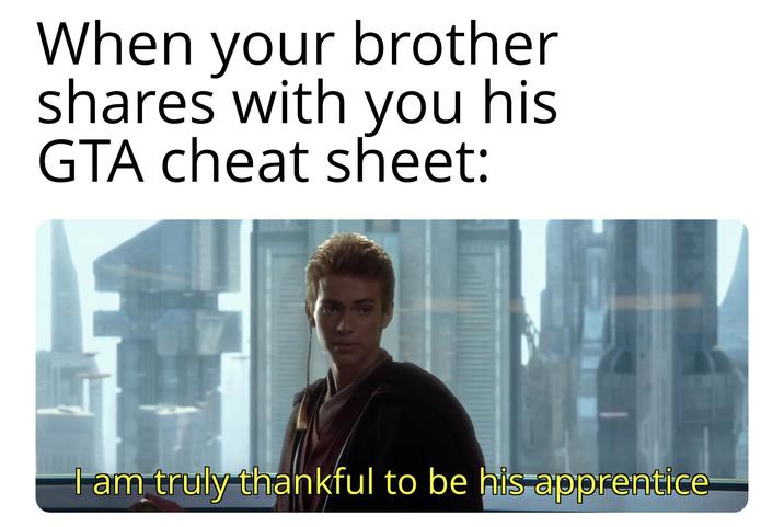 When your brother shares with you his GTA cheat sheet: I am truly thankful to be his apprentice