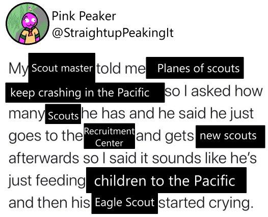 Pink Peaker @StraightupPeakinglt My Scout master told me Planes of scouts keep crashing in the Pacific so I asked how many Scouts he has and he said he just goes to the Recruitment and gets new scouts Center afterwards so I said it sounds like he's just feeding children to the Pacific and then his Eagle Scout started crying.