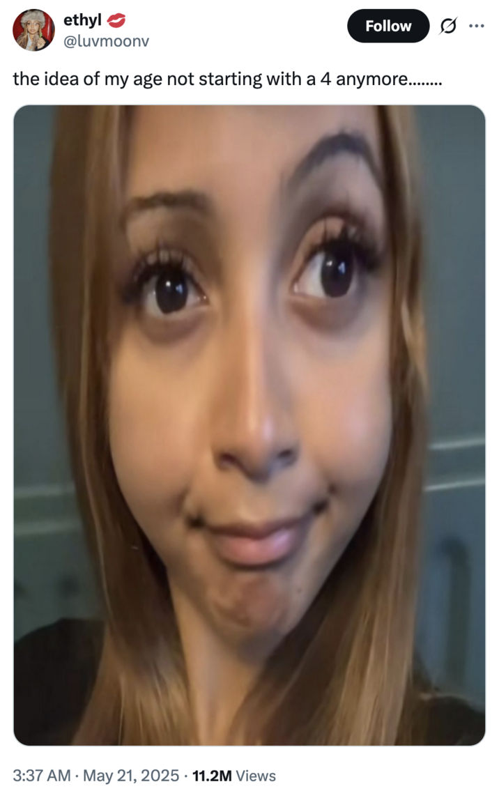 X user @luvmoonv tweeted a stretched-out image of British singer PinkPantheress looking upward and smiling, writing, "the idea of my age not starting with a 4 anymore........," and gathering over 200,000 likes in a month.