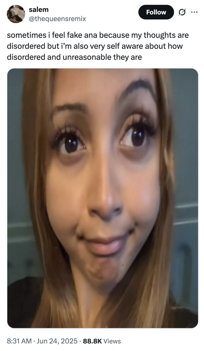 X user @thequeensremix  tweeted a stretched-out, distorted image of PinkPantheress, writing, "sometimes i feel fake ana because my thoughts are disordered but i’m also very self aware about how disordered and unreasonable they are."