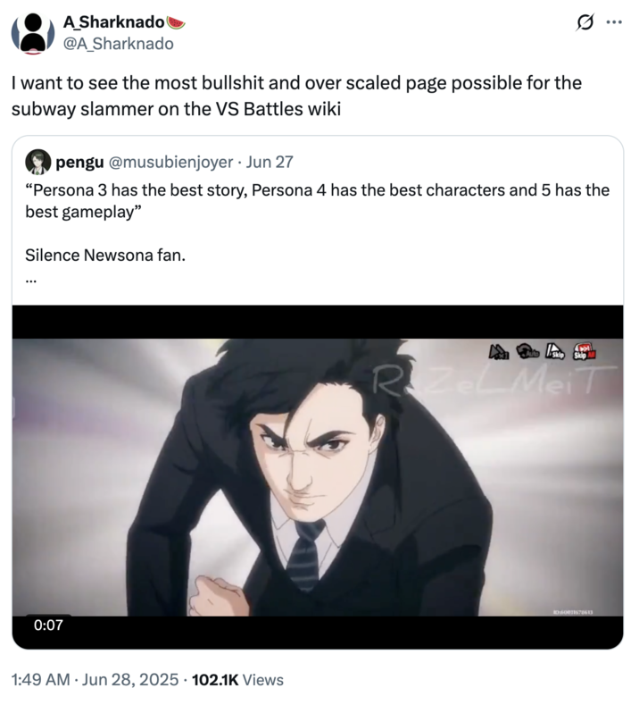 A "tweet":https://knowyourmeme.com/memes/sites/twitter-x asking of a "powerscaling edit":https://knowyourmeme.com/memes/powerscaling-memes-versus-memes account to center on the Subway Slammer villain.