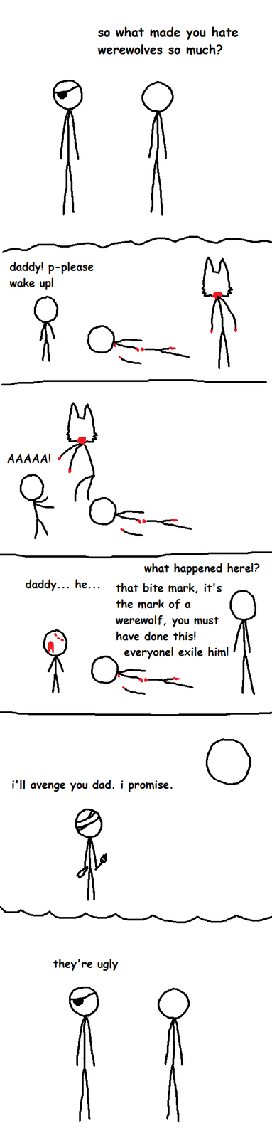 so what made you hate werewolves so much? 18 daddy! p-please wake up! AAAAA! R daddy... he... R what happened here!? that bite mark, it's the mark of a werewolf, you must have done this! everyone! exile him! i'll avenge you dad. i promise. о they're ugly १