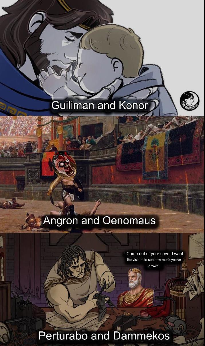 Guiliman and Konor Angron and Oenomaus - Come out of your cave, I want the visitors to see how much you've grown Perturabo and Dammekos